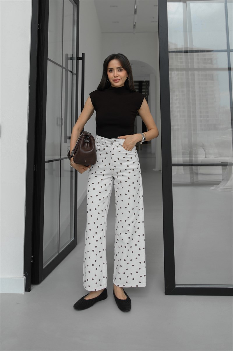 Ekru Kahve Puantiyeli Wide Leg Jean
