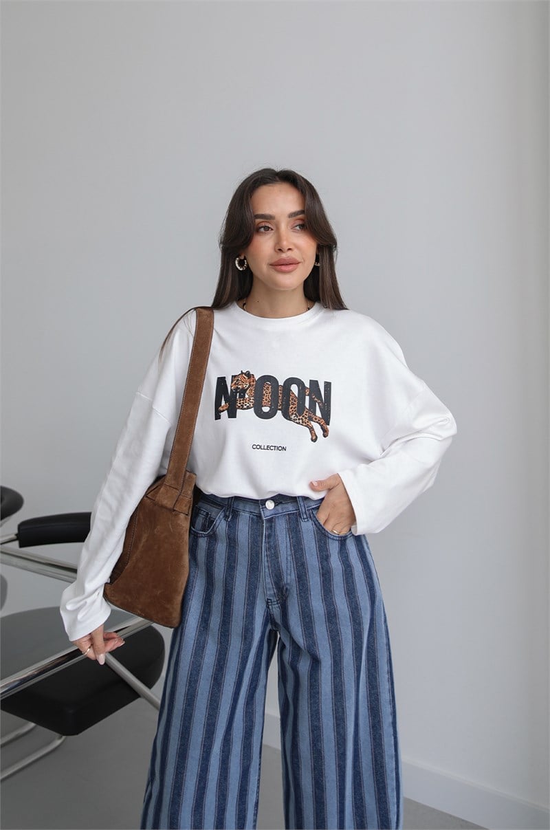 Ekru Kaplan Baskılı Sweatshirt