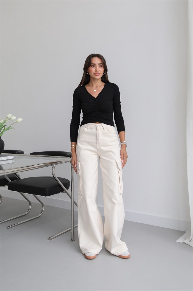 Ekru Kargo Cepli Wide Leg Jean