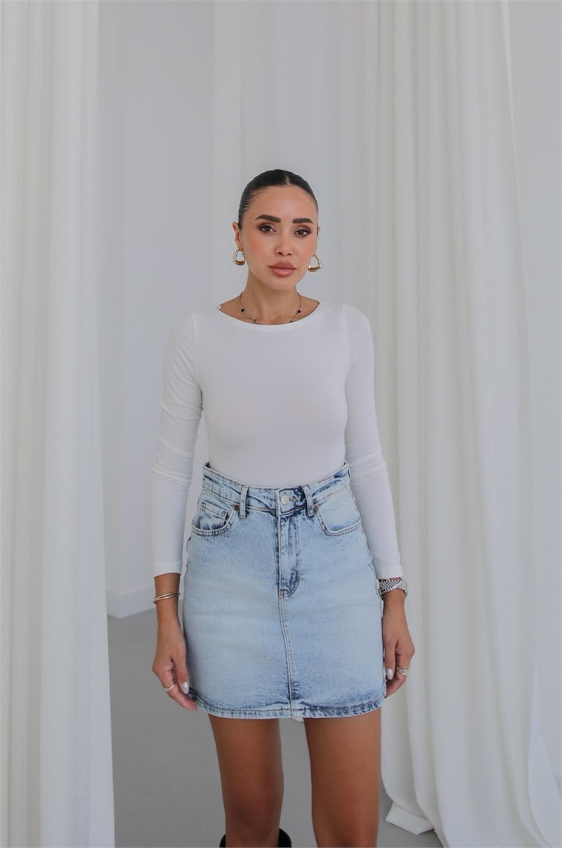 Ekru Kayık Yaka Uzun Kollu Bodysuit