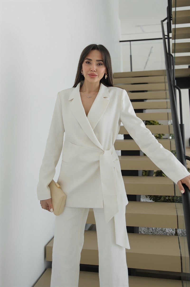 Ekru Kruvaze Bağlamalı Keten Blazer Ceket