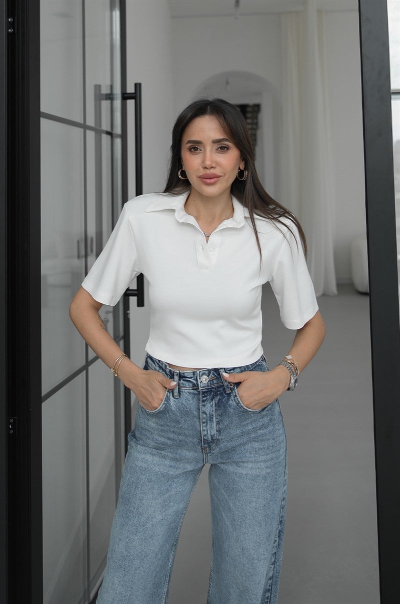 Ekru Polo Yaka Vatkalı Bluz