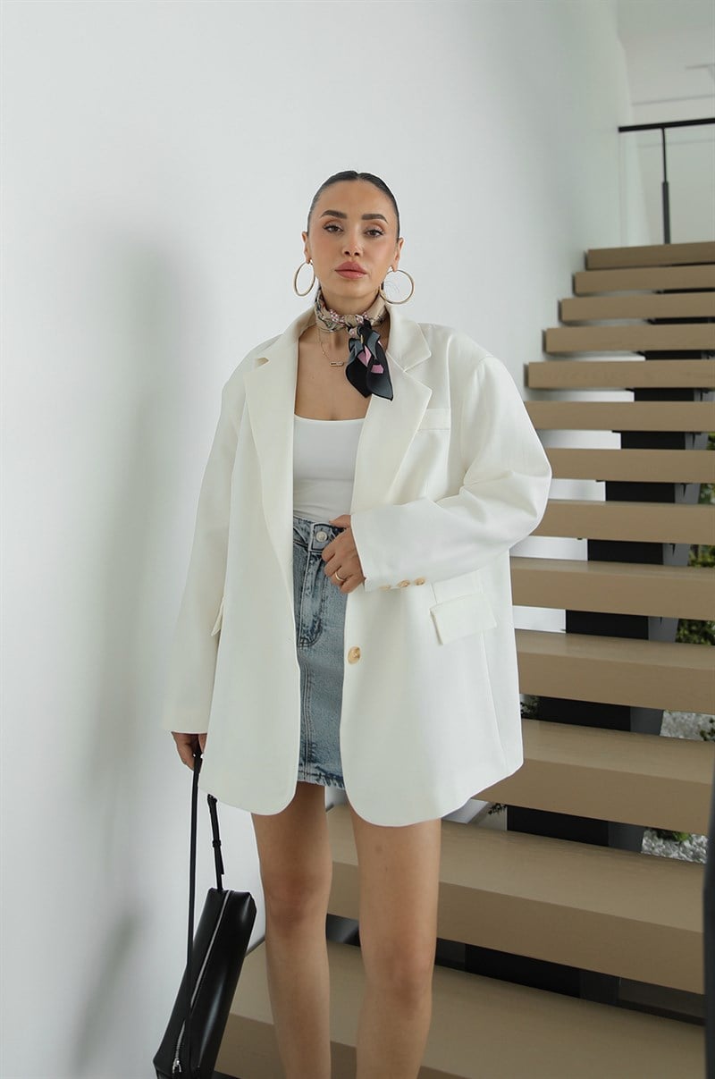Ekru Trena Oversize Keten Blazer Ceket