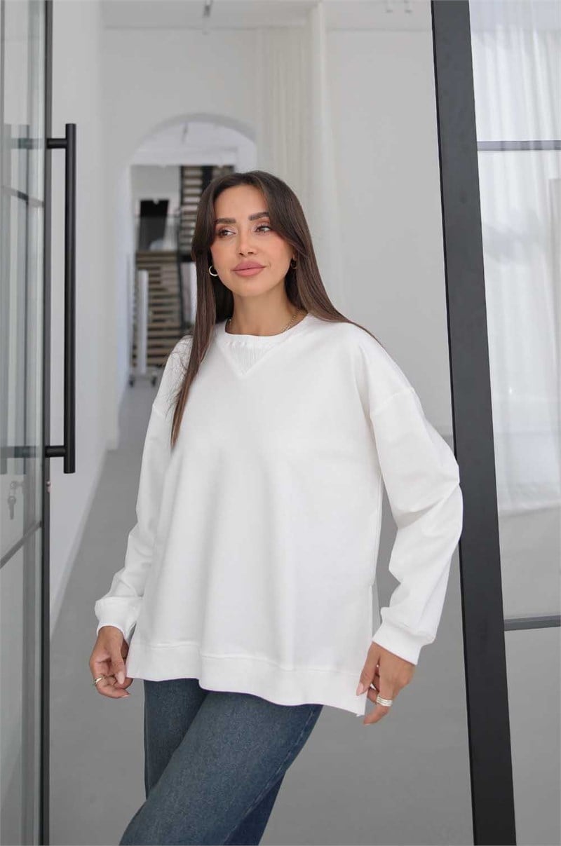 Ekru Yanları Yırtmaçlı Oversize Sweatshirt