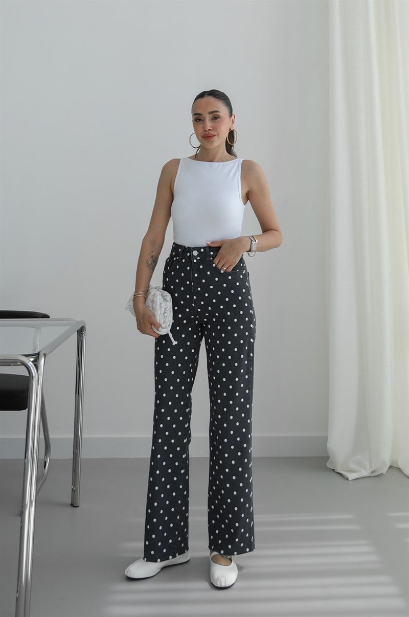 Gri Kesik Paça Puantiyeli Straight Jean
