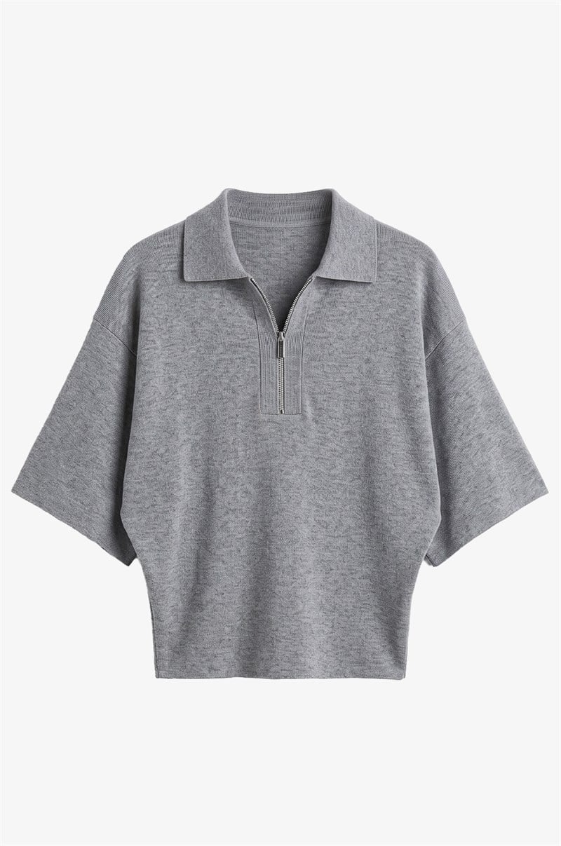 Gri Loose Fit Polo Yaka Kazak
