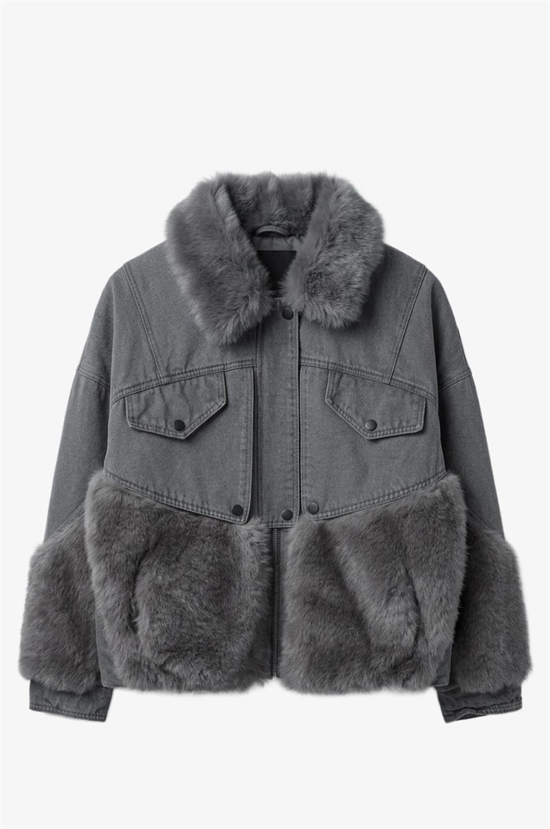 Gri Peluş Kürk Garnili Denim Mont