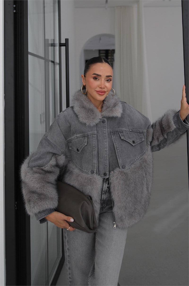 Gri Peluş Kürk Garnili Denim Mont