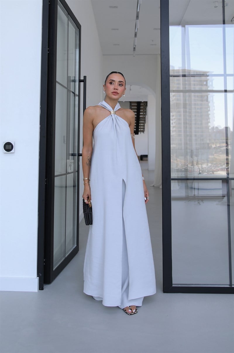 Gri Tulum Görünümlü Bluz Pantolon Takım 