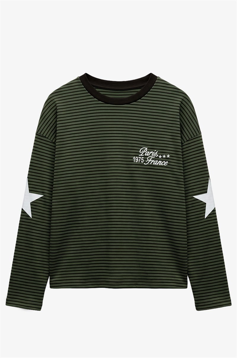 Haki Çizgili Paris France Baskılı Sweatshirt