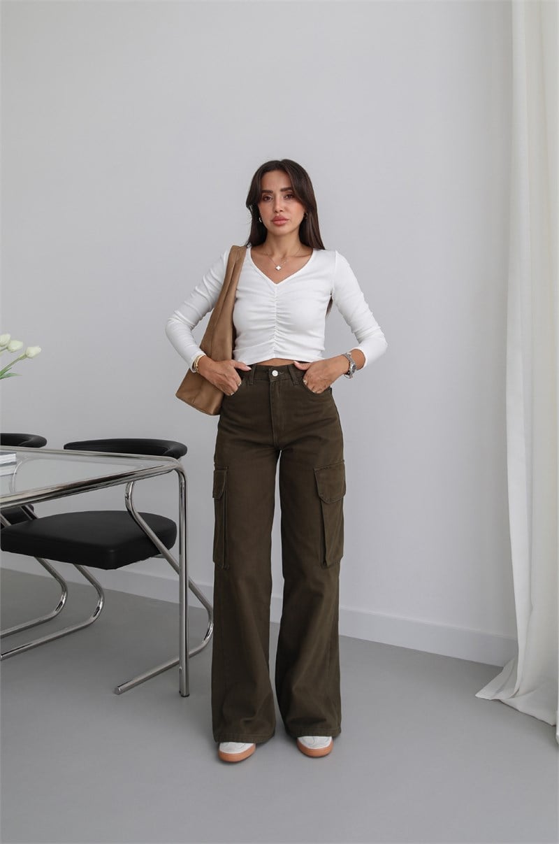 Haki Kargo Cepli Wide Leg Jean