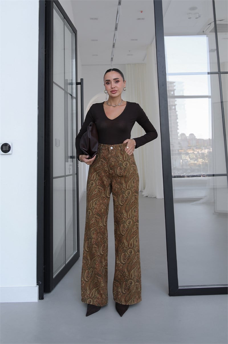 Haki Şal Desenli Straight Jean