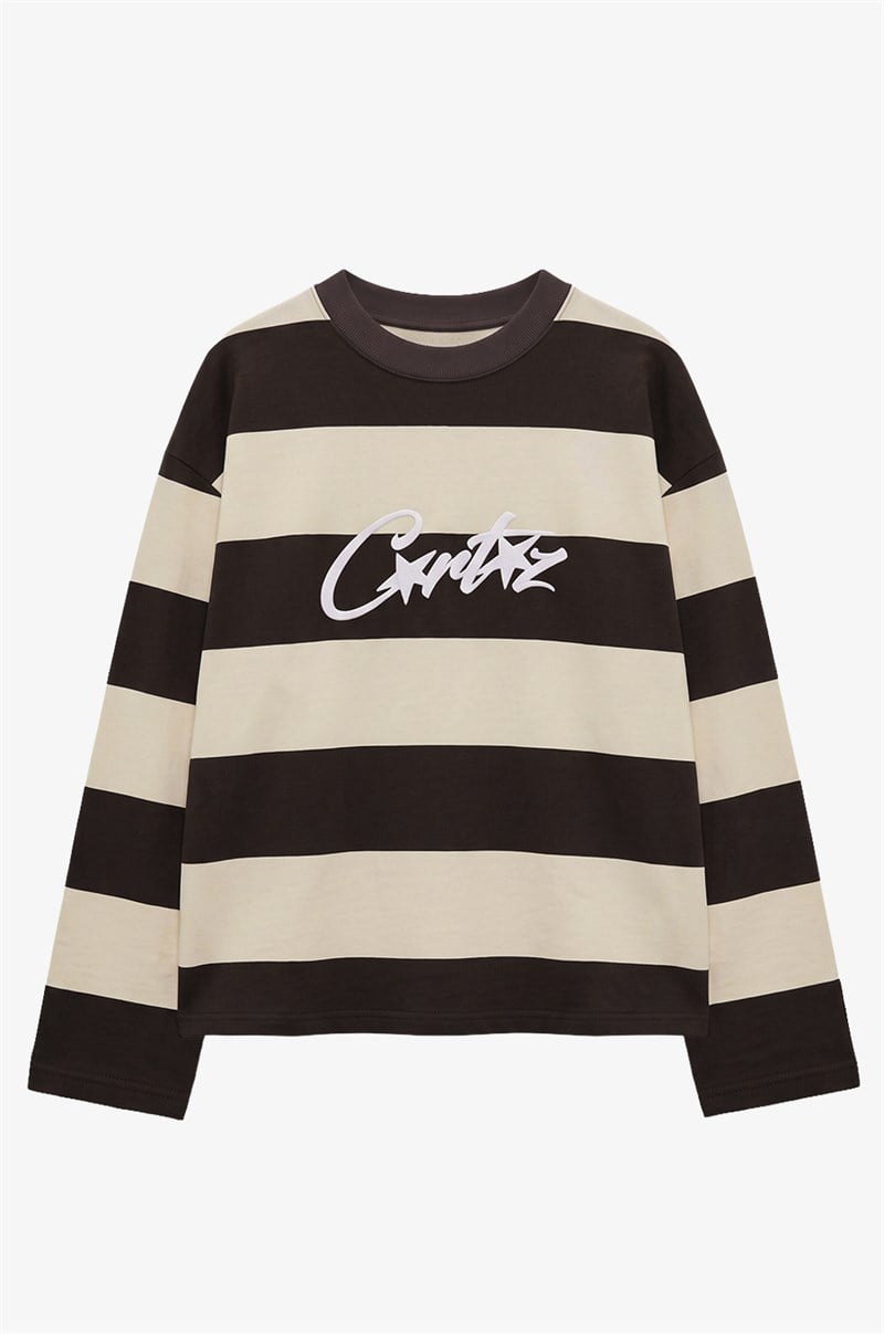 Kahve Crtz Baskılı Çizgili Sweatshirt