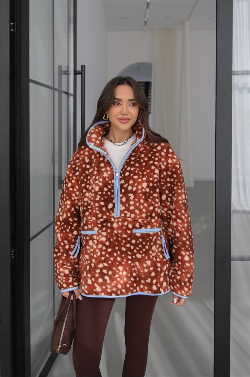 Kahverengi Bambi Desenli Polar Sweatshirt