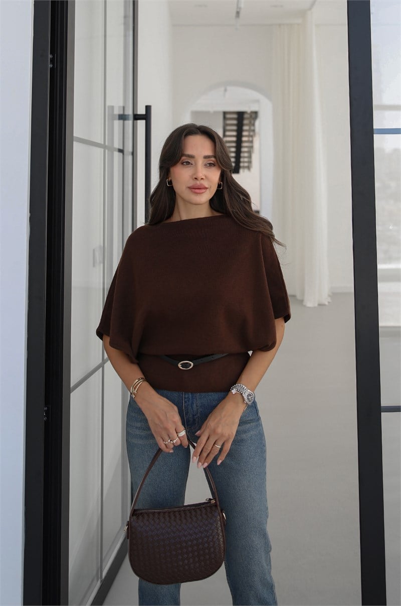 Kahverengi Loft Yarasa Kol Kemerli Kazak