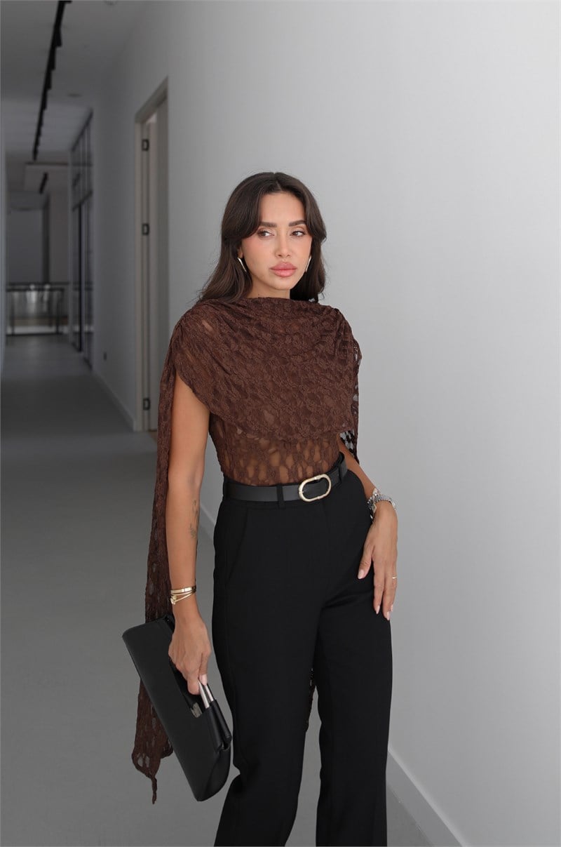 Kahverengi Pelerinli Dantel Bodysuit Bluz