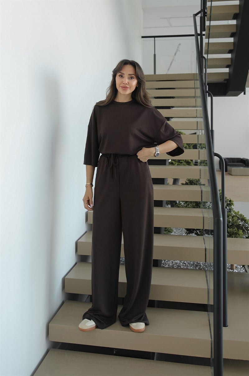 Kahverengi Rush Oversize Bluz Pantolon Takım