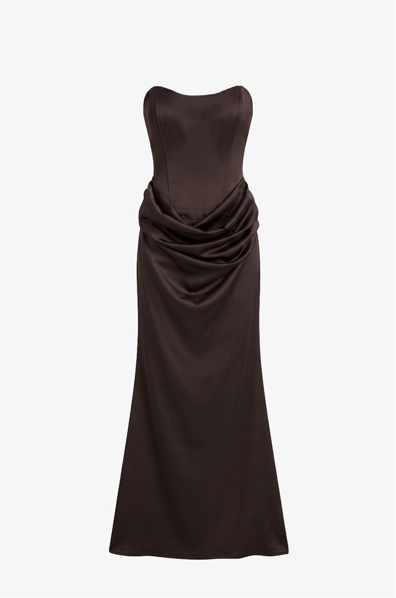 Kahverengi Vesper Drape Detaylı Straplez Elbise