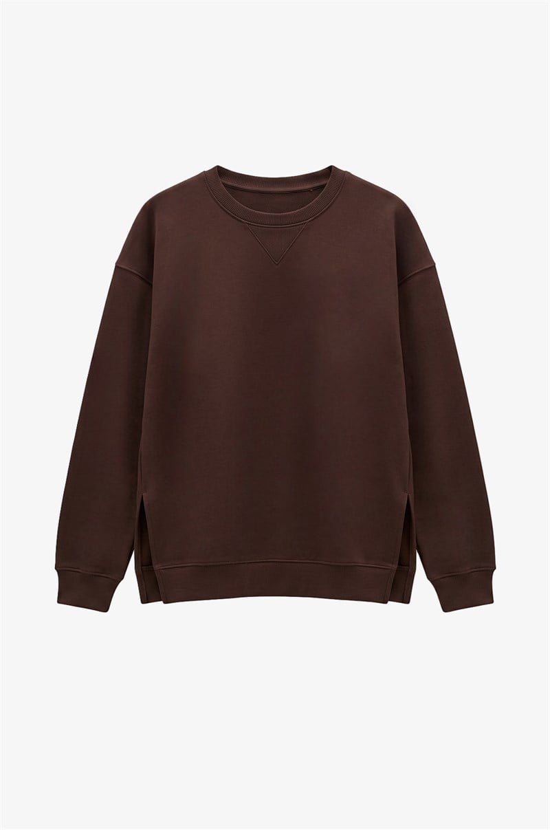 Kahverengi Yanları Yırtmaçlı Oversize Sweatshirt