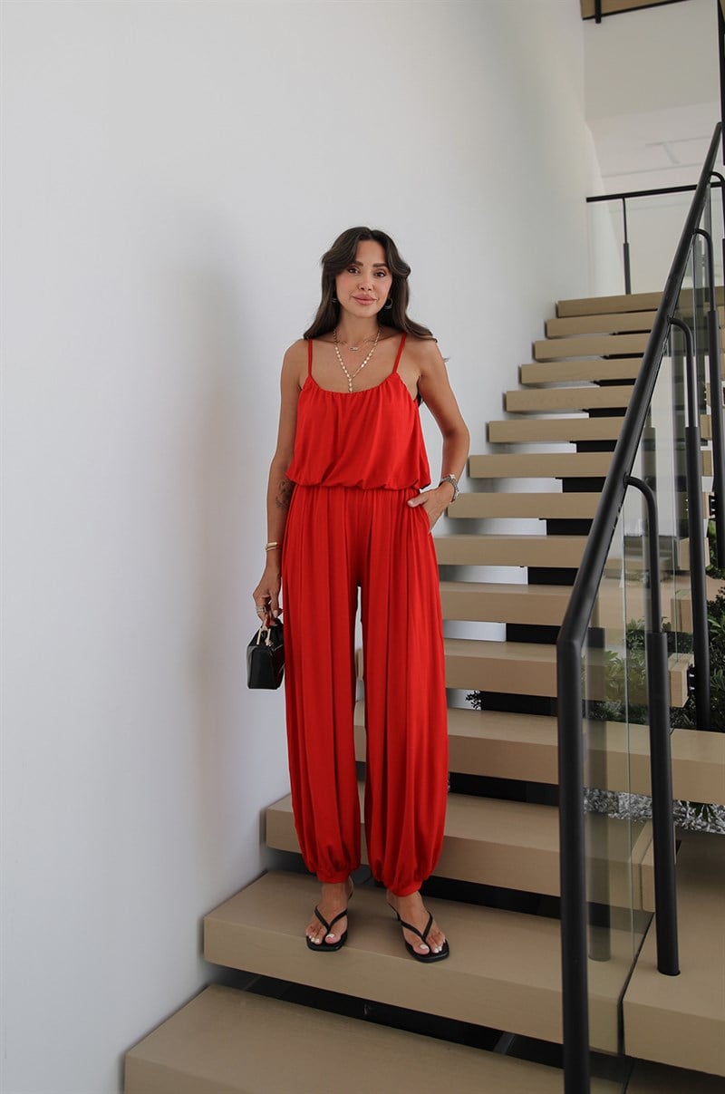 Kırmızı Aurora Balon Bluz Pantolon Takım 