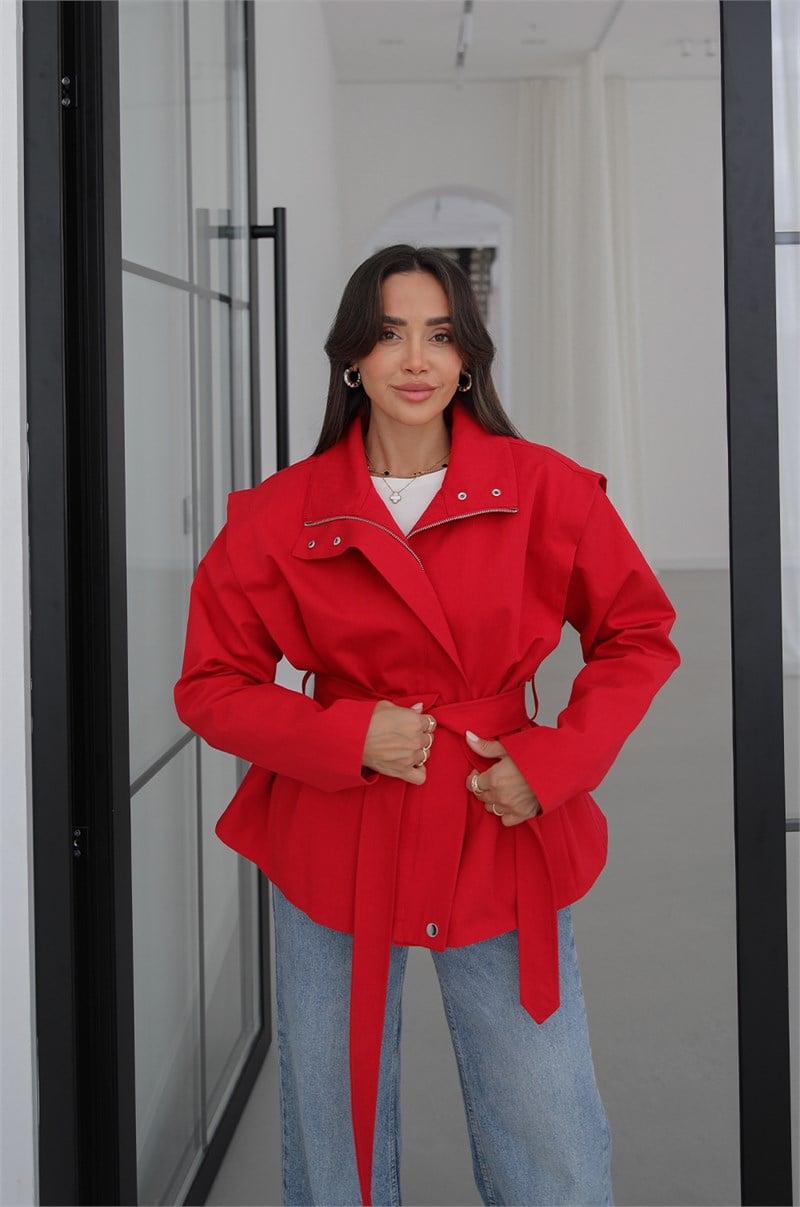 Kırmızı Belted Fermuarlı Trençkot