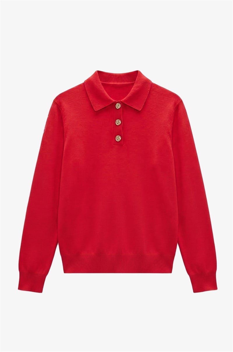 Kırmızı Button Polo Yaka Kazak