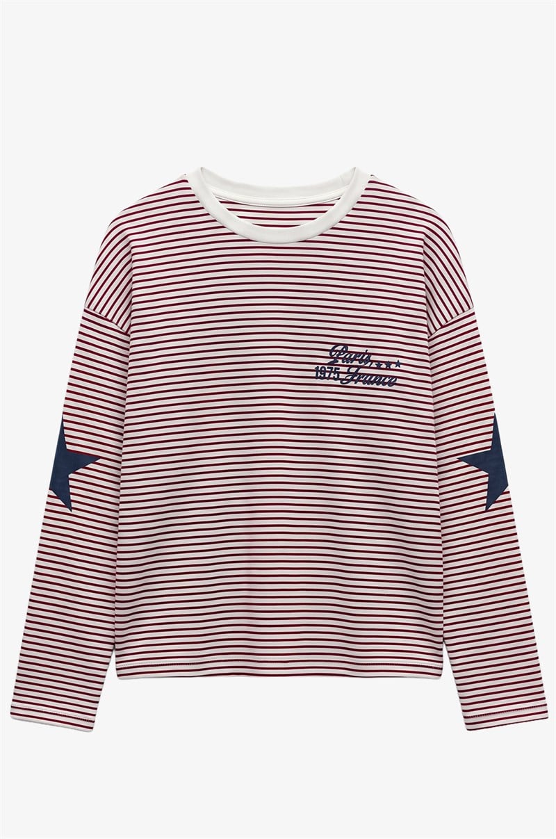 Kırmızı Çizgili Paris France Baskılı Sweatshirt