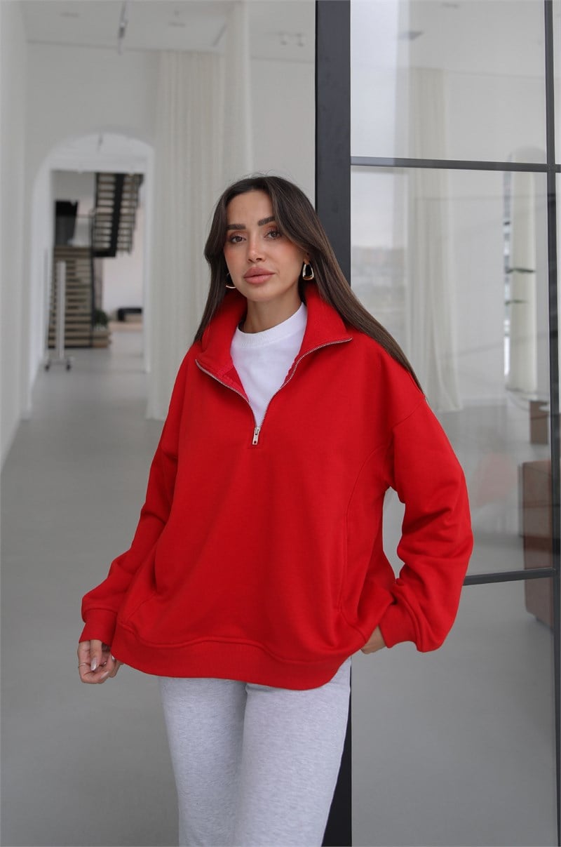 Kırmızı Collar Fermuarlı Dik Yaka Sweatshirt