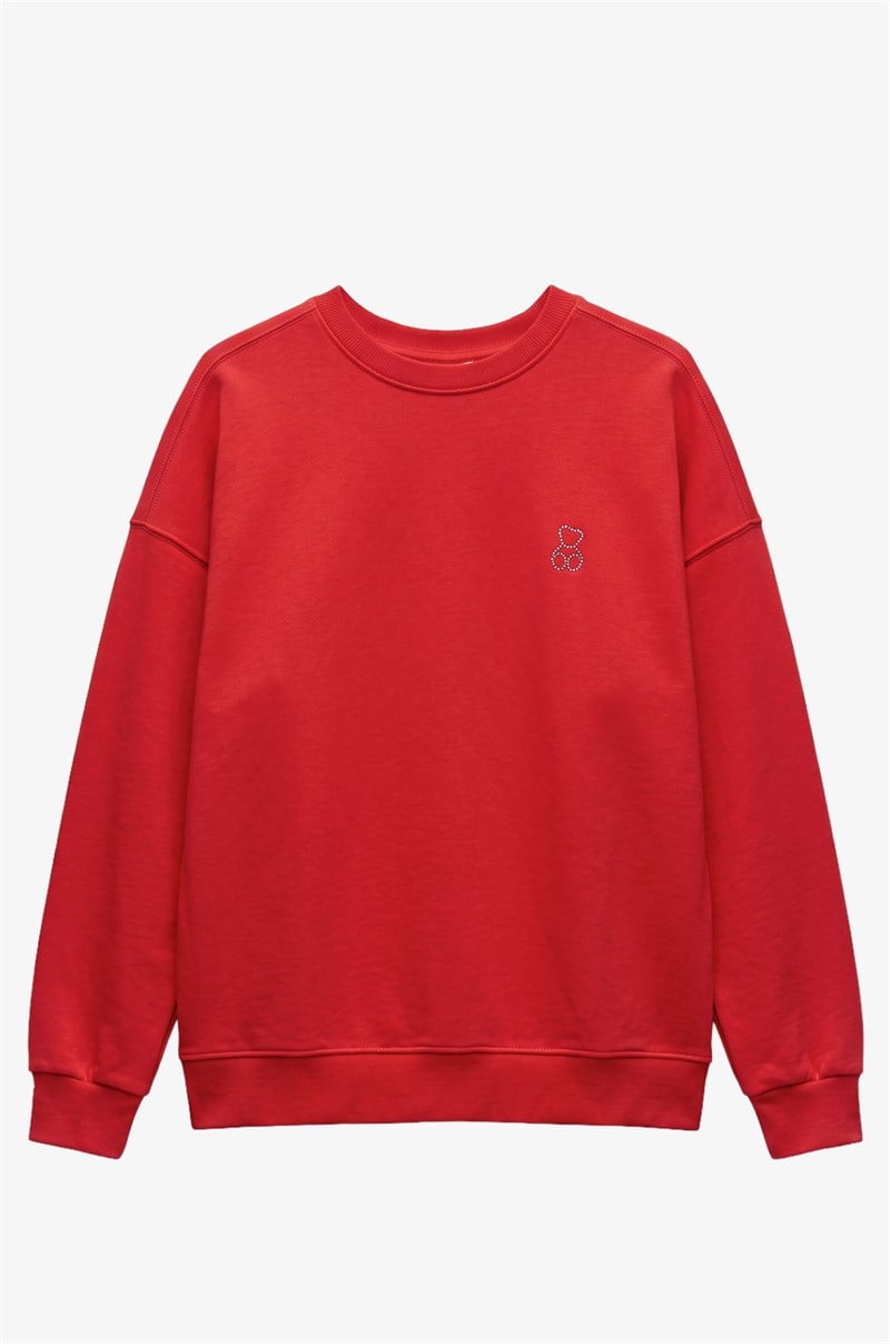 Kırmızı Göğsü Mini Taşlı Sweatshirt