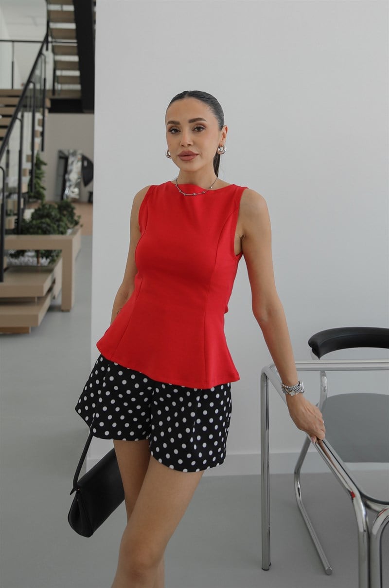 Kırmızı Kayık Yaka Peplum Bluz
