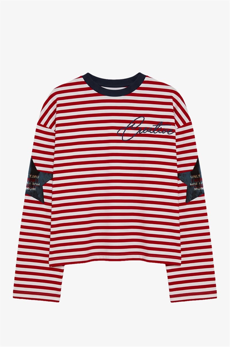 Kırmızı Kolları Yıldız Baskılı Çizgili İnce Sweatshirt 