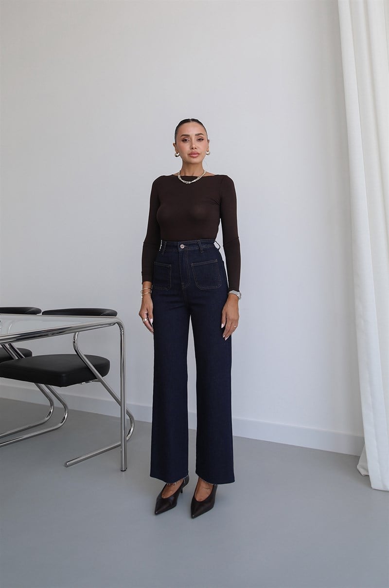 Koyu Lacivert Köşe Cepli Cropped Jean