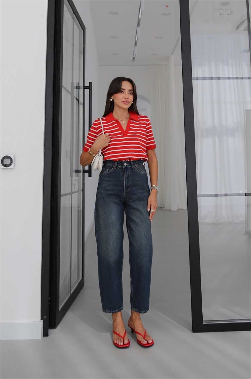 Koyu Mavi Lumex Yüksek Bel Barrel Fit Jean