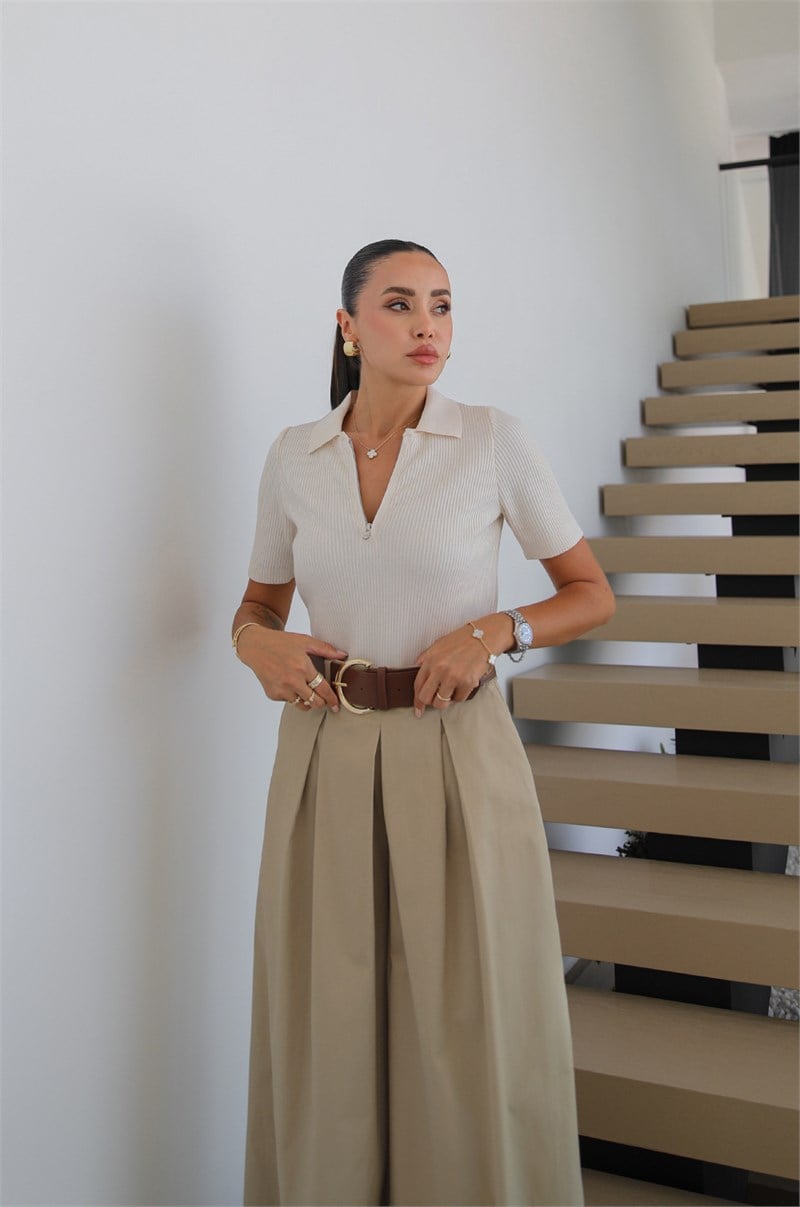 Krem Fermuarlı Polo Yaka Triko Bluz