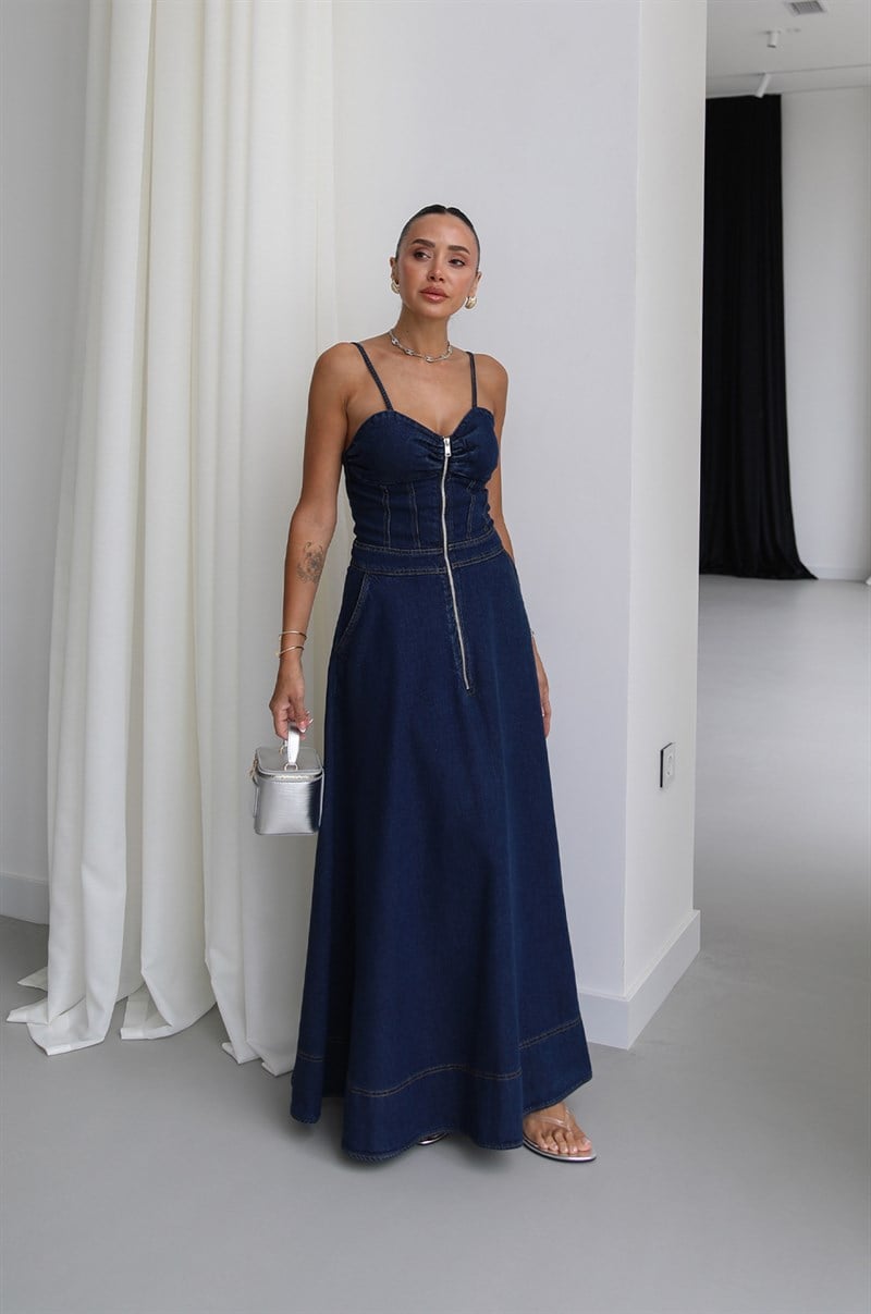 Lacivert Askılı Önü Fermuarlı Denim Elbise