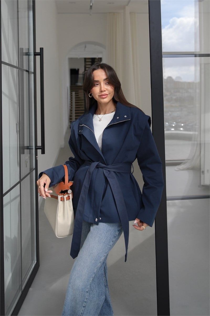 Lacivert Belted Fermuarlı Trençkot