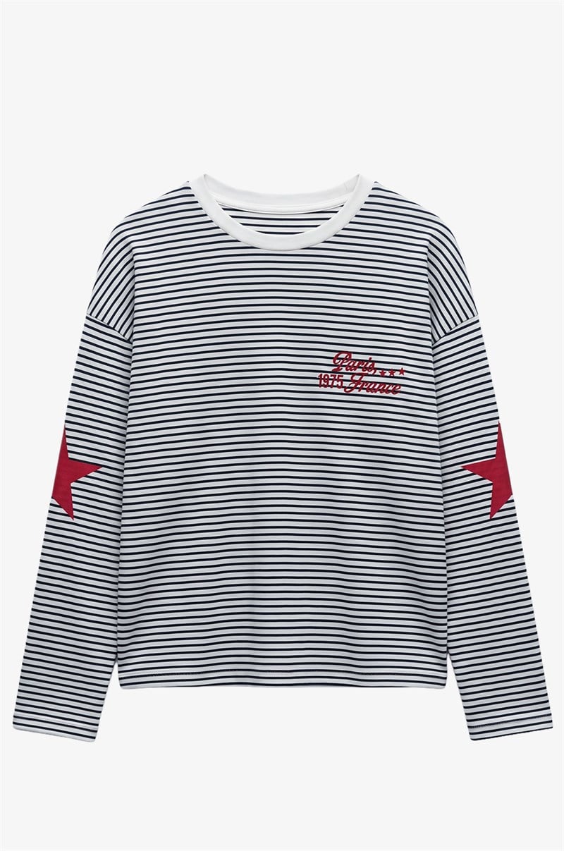 Lacivert Çizgili Paris France Baskılı Sweatshirt