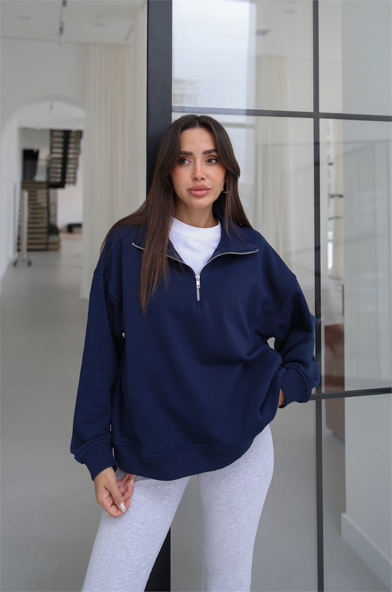 Lacivert Collar Fermuarlı Dik Yaka Sweatshirt