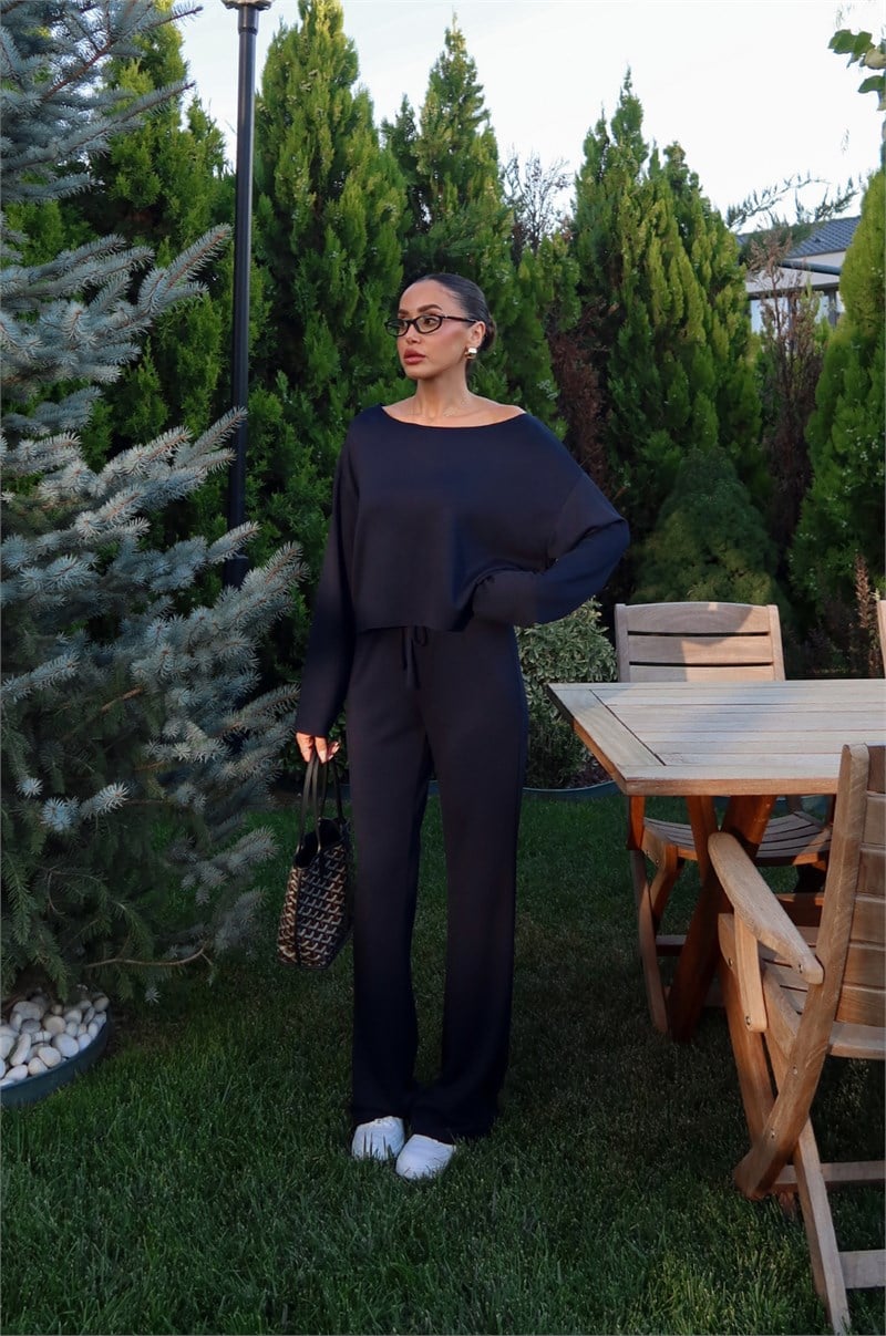 Lacivert Düşük Omuz Oversize Bluz Pantolon Takım 