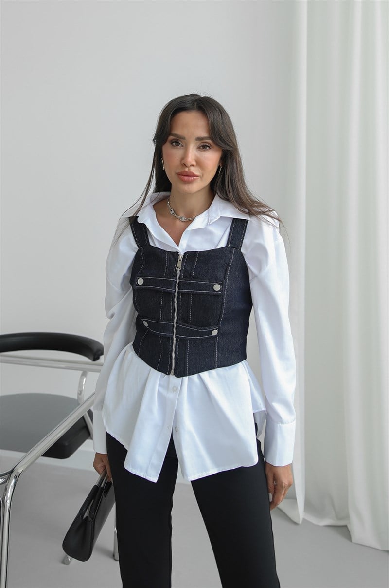 Lacivert Fermuar ve Çıtçıt Detaylı Denim Bluz