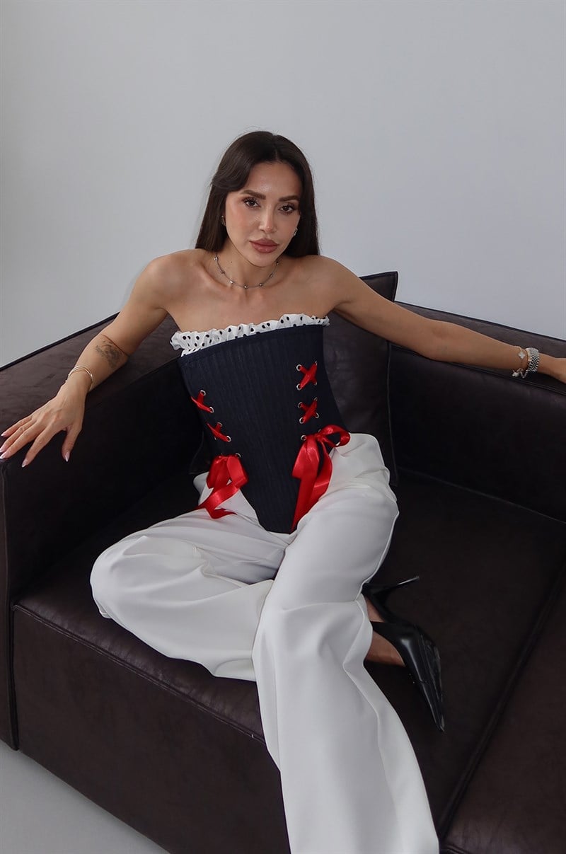 Lacivert Kurdele Detaylı Denim Korse Bluz