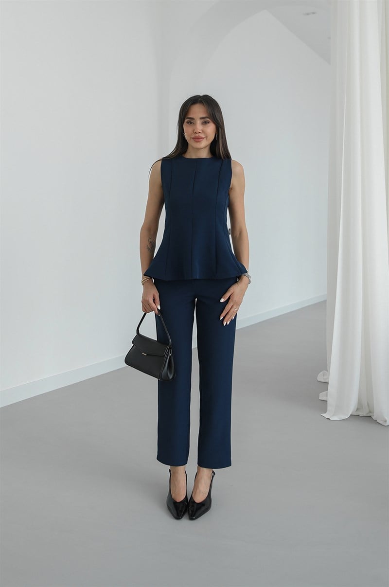 Lacivert Mick Volanlı Bluz Pantolon Takım