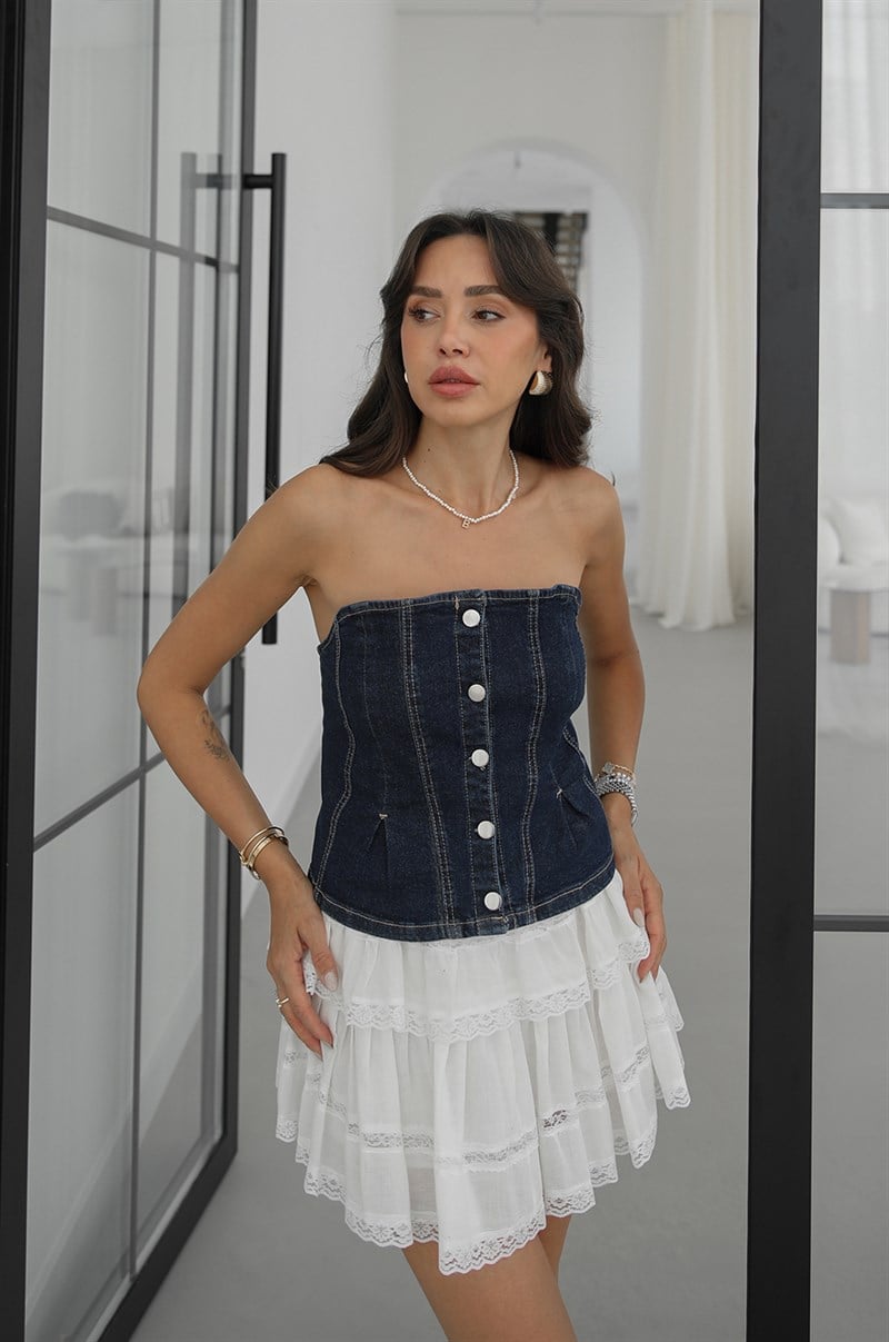 Lacivert Önü Düğmeli Straplez Denim Bluz
