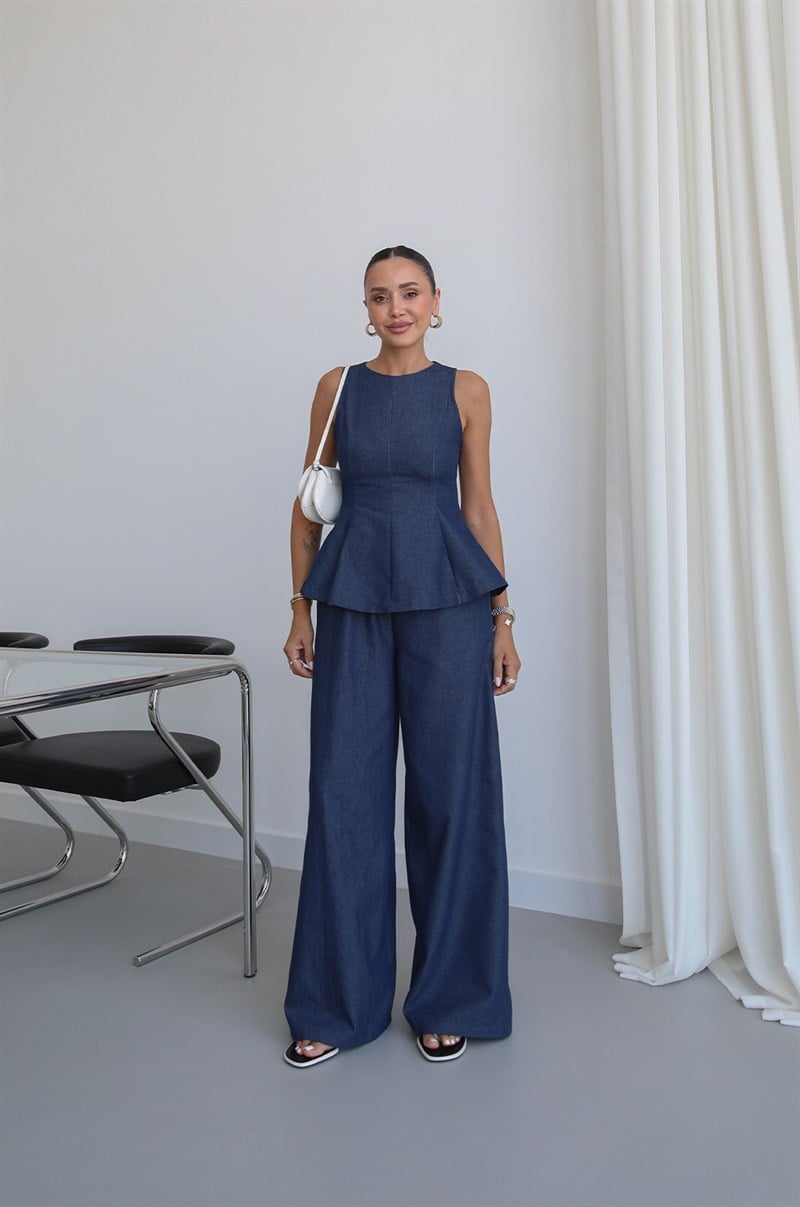 Lacivert Peplum Bluz Pantolon Denim Takım