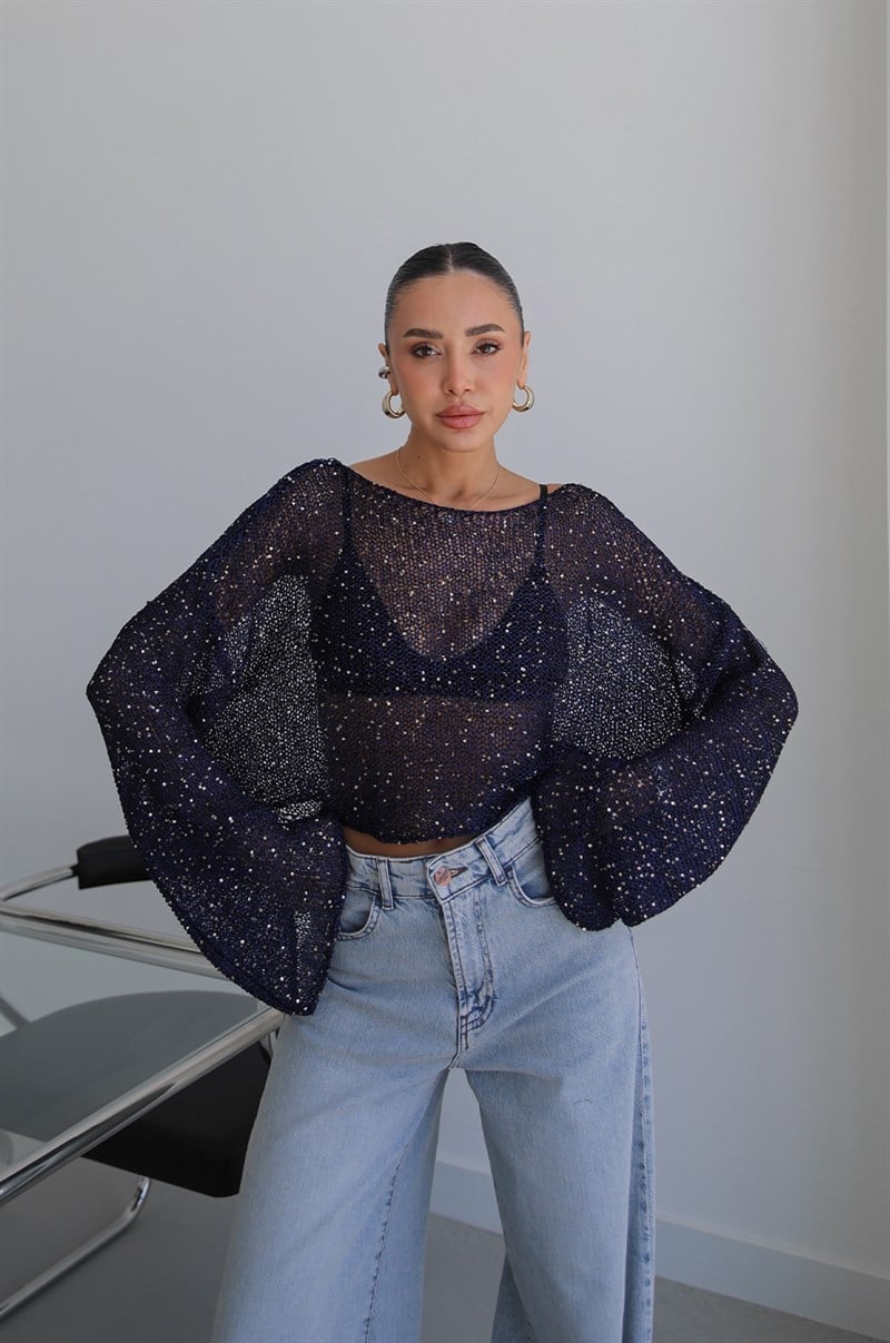 Lacivert Pullu Merserize Bluz