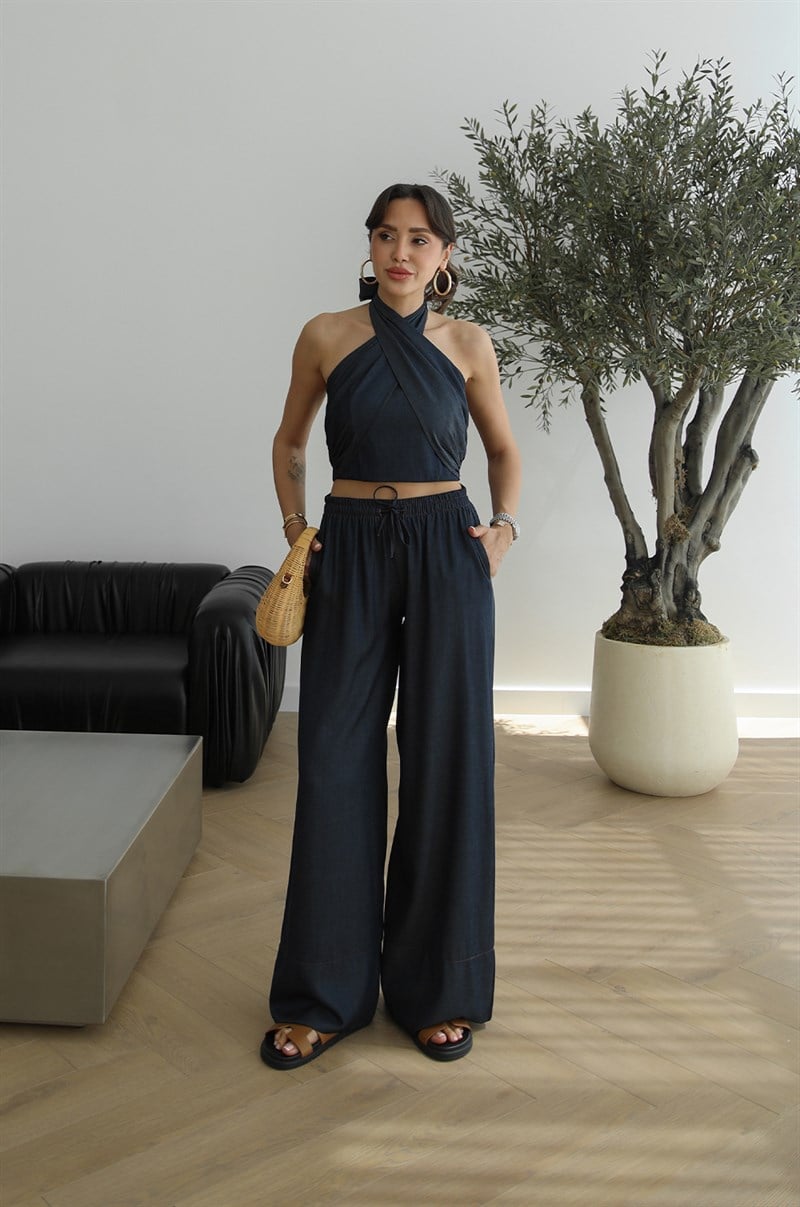 Lacivert Sims Boyundan Bağlamalı Denim Takım