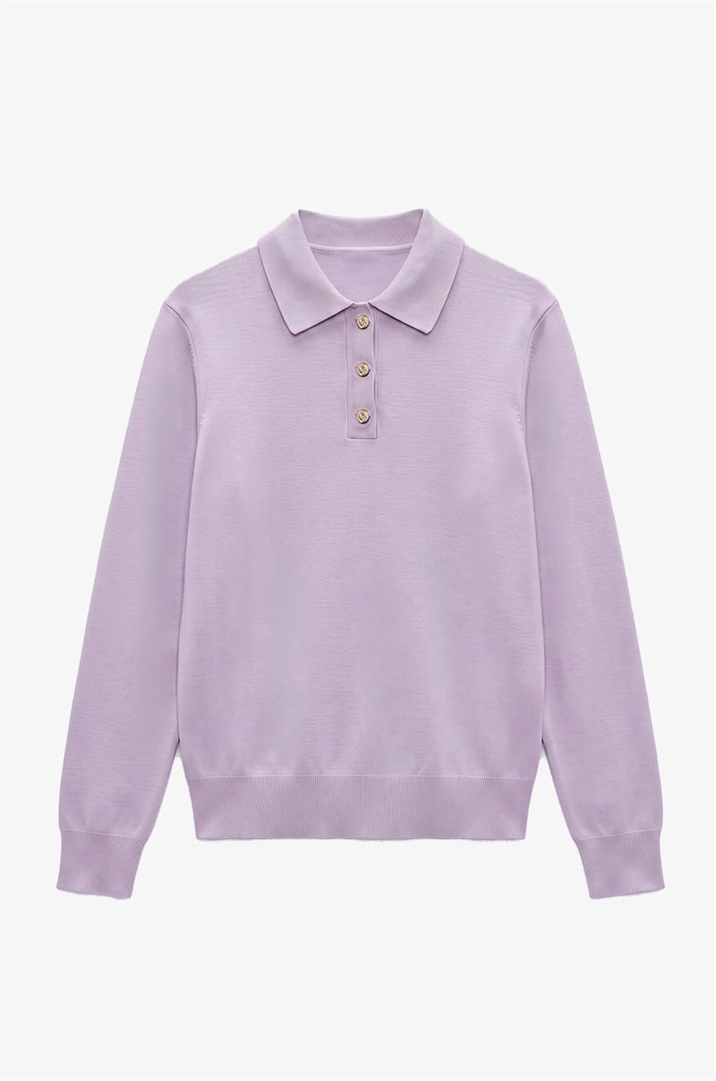 Lila Button Polo Yaka Kazak