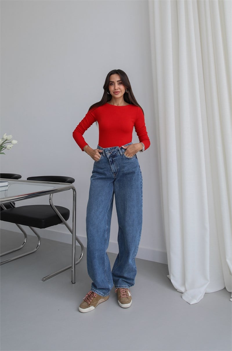 Mavi Asimetrik Bel Detaylı Baggy Jean