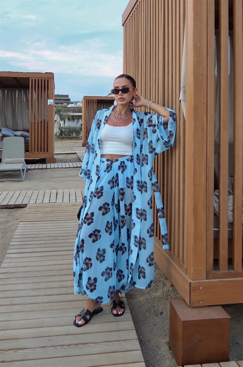 Mavi Çiçek Desenli Kimono Pantolon Takım