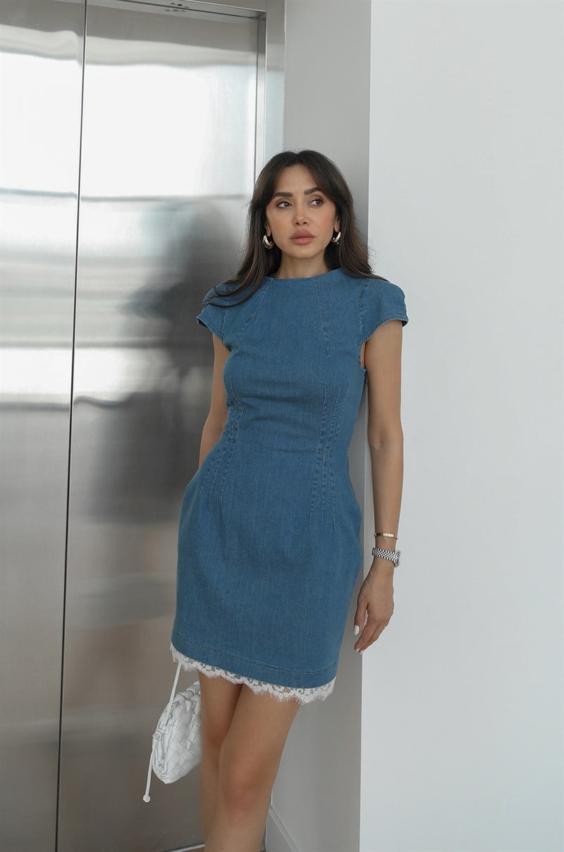 Mavi Dish Altı Dantel Detaylı Denim Elbise